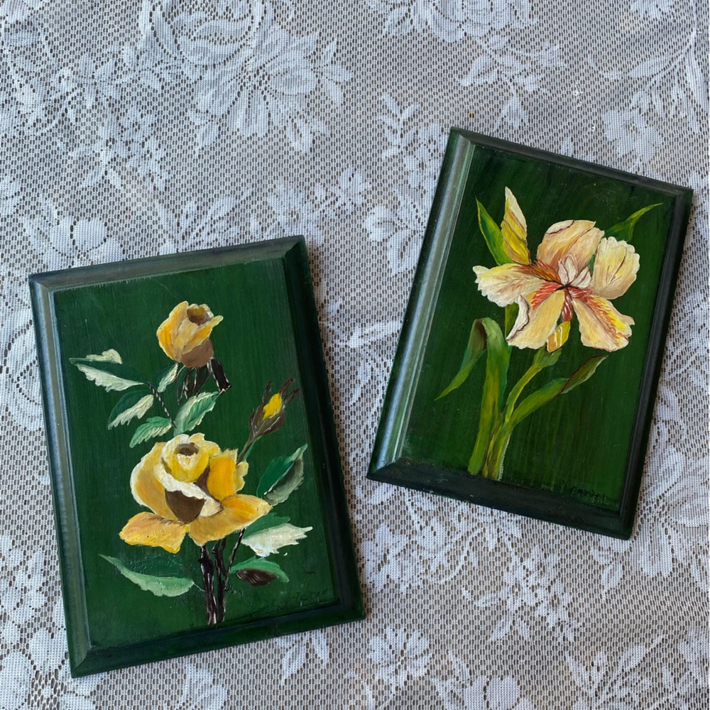 Handpainted Yellow Floral Wooden Hanging Plaque Cottagecore Set of 2
